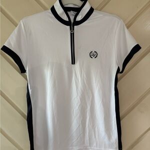 Daily Sports White Polo Zip Top with Navy Blue Trim and Crest and Crystal
